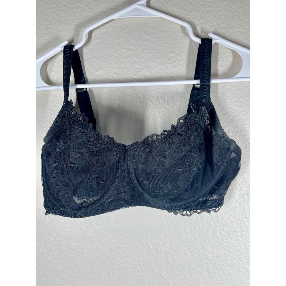 Felina Lace Overlay Bra Sheer Unlined Floral Embroidery Black 34DDD